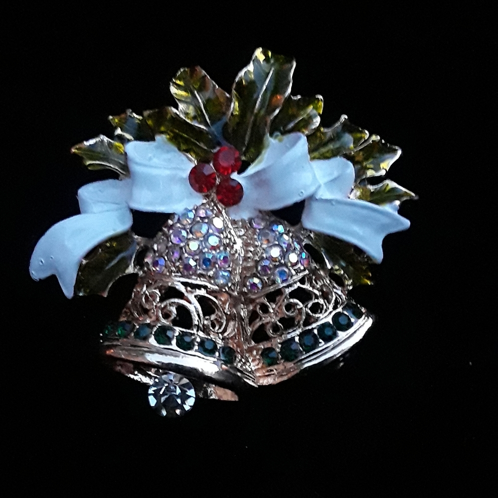 Christmas Bells, Rhinestone Pin, Holiday Accessory